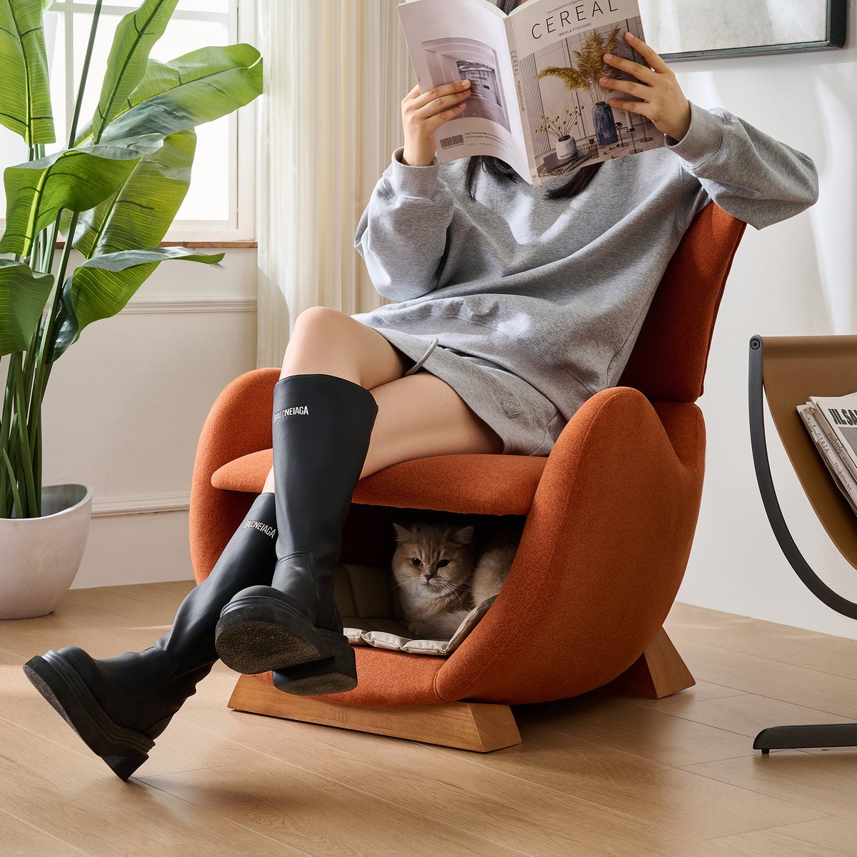Designer loungestoel - walvishaai-look - huisdiervriendelijk - anti-kattenkrasstof - enkele bank - tv-stoel in de woonkamer - baksteen rood