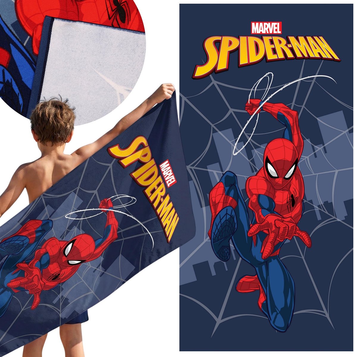 MARVEL Spider-Man Marineblauw, SNELDROGEND Strandlaken, badlaken VOOR JONGENS, microvezel 70x140 cm OEKO-TEX