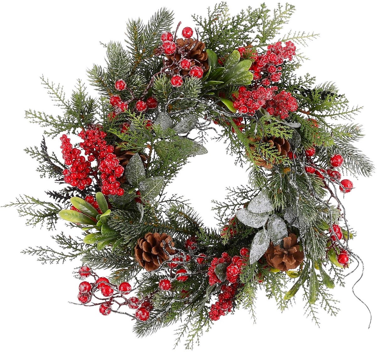 Mica Decorations Randell Christmas Wreath - Kerstversiering met Besjes en Dennenappels - Kerstkrans met Besneeuwd Effect - Deurkrans voor Binnen - Diameter 40 cm - Kleur Rood