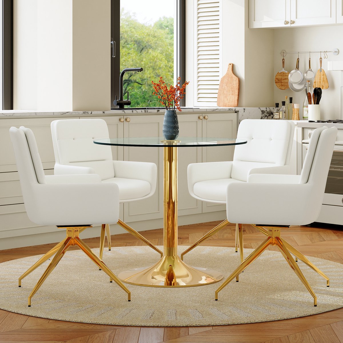 REDOM - Tafel en stoelen set - Ronde eettafel met 4 stoelen - 360° draaibare stoelen - Glas tafelblad - Modern - Woonkamer - Metaal - Transparant Wit Goud - 85 cm