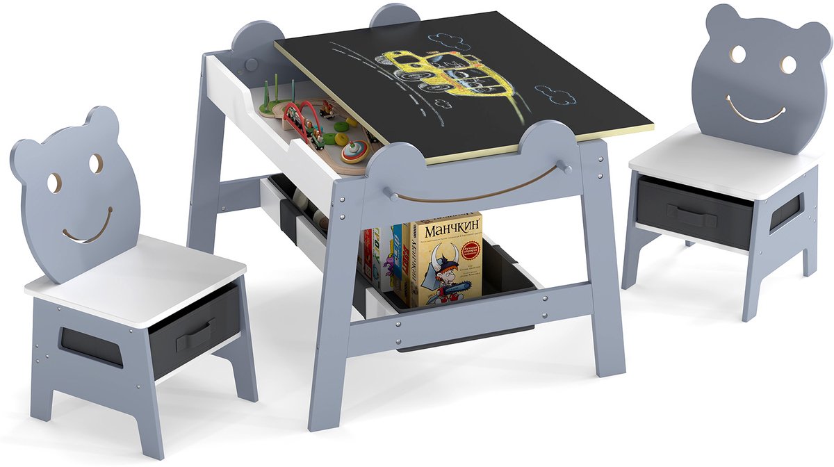 COSTWAY Kindertafel met 2 stoelen in berenvorm, schildertafel 5-in-1 met omkeerbaar bord, whiteboard, 4 haken en stoffen containers, kinderzitgroep met opbergruimte voor kinderen van 3 tot 10 jaar
