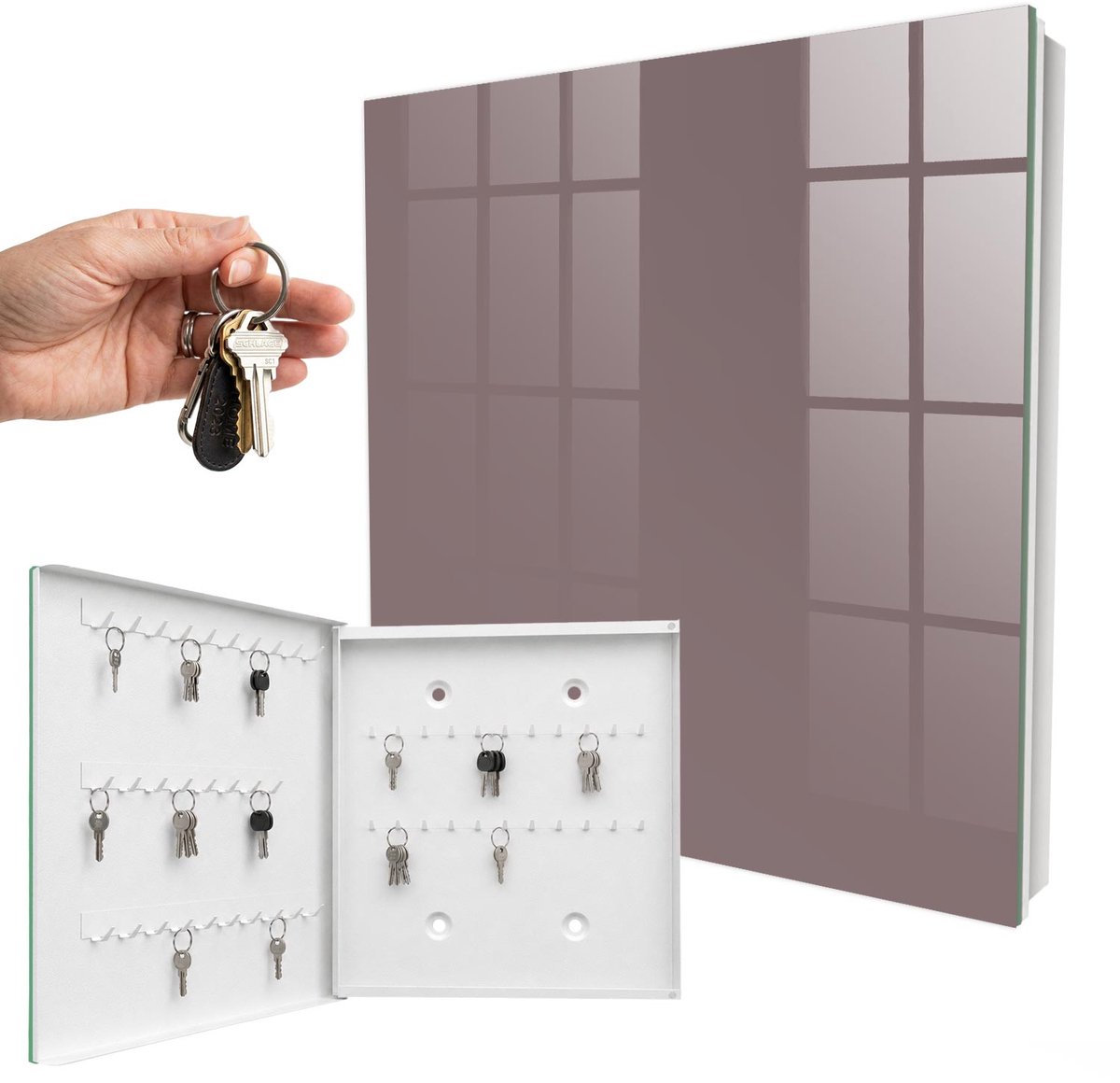 WallMuralia - Sleutelkast - 30x30x5 cm - met 50 haken - Asbruin Sleutelkastje Voor Binnen - Bruin Sleutelbox - Linksopenend - Wit interieur