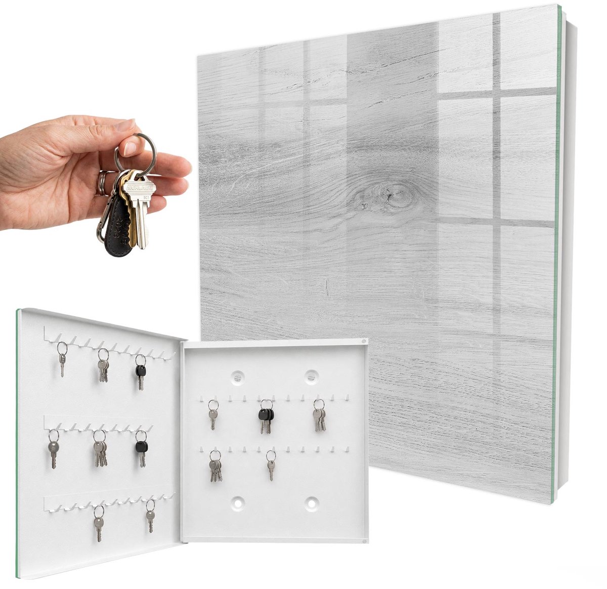 WallMuralia - Sleutelkast - 30x30x5 cm - met 50 haken - Houten Patronen Sleutelkastje Landelijk - Grijs Sleutelbox - Linksopenend - Wit interieur
