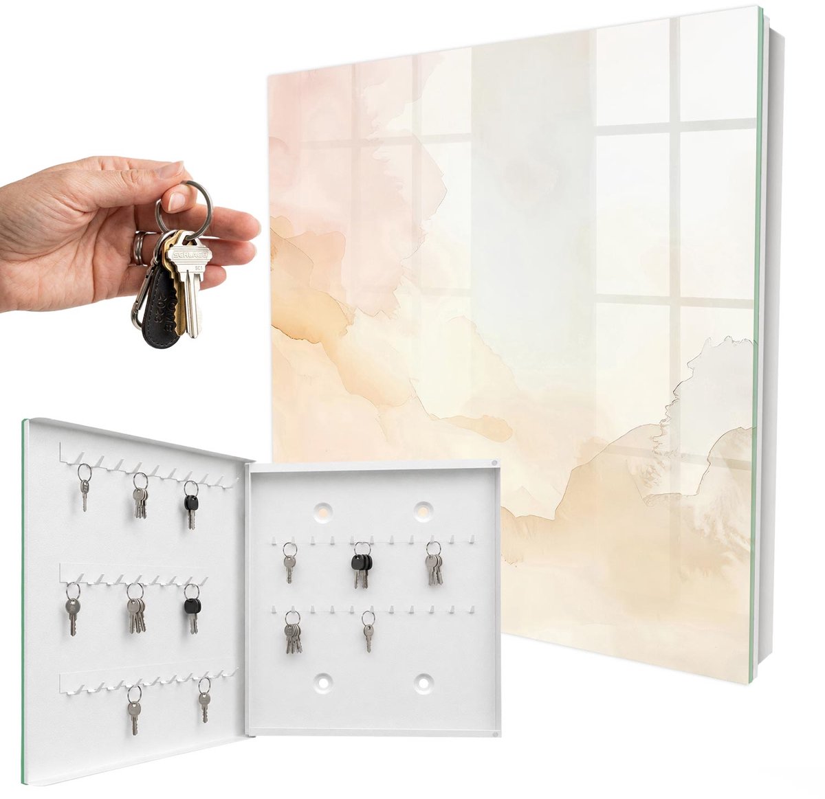 WallMuralia - Sleutelkast - 30x30x5 cm - met 50 haken - Lichtlandschap Sleutelkastje Huis - Romig Sleutelbox - Linksopenend - Wit interieur
