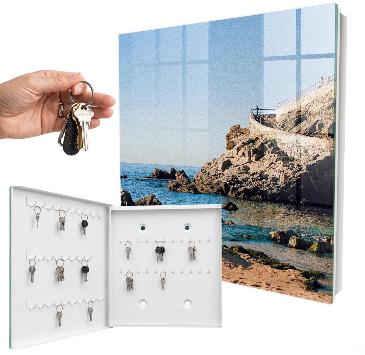 WallMuralia - Sleutelkast - 30x30x5 cm - met 50 haken - Kustlandschap Sleutelkastje - Blauw Sleutelbox - Linksopenend - Wit interieur