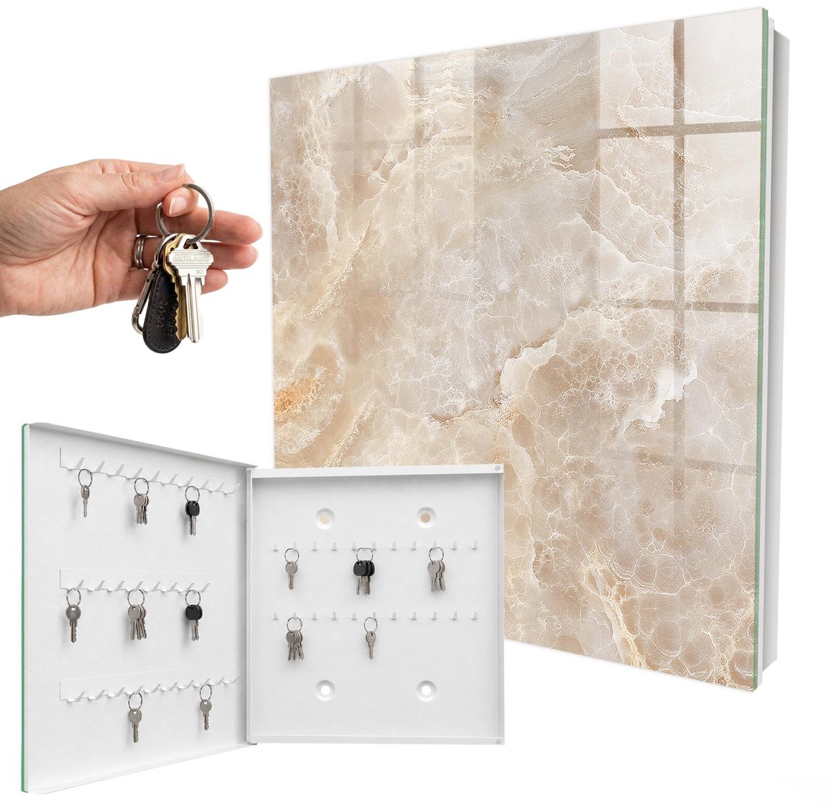 WallMuralia - Sleutelkast - 30x30x5 cm - met 50 haken - Beige Marmer Design Sleutelkastje - Beige Sleutelbox - Linksopenend - Wit interieur