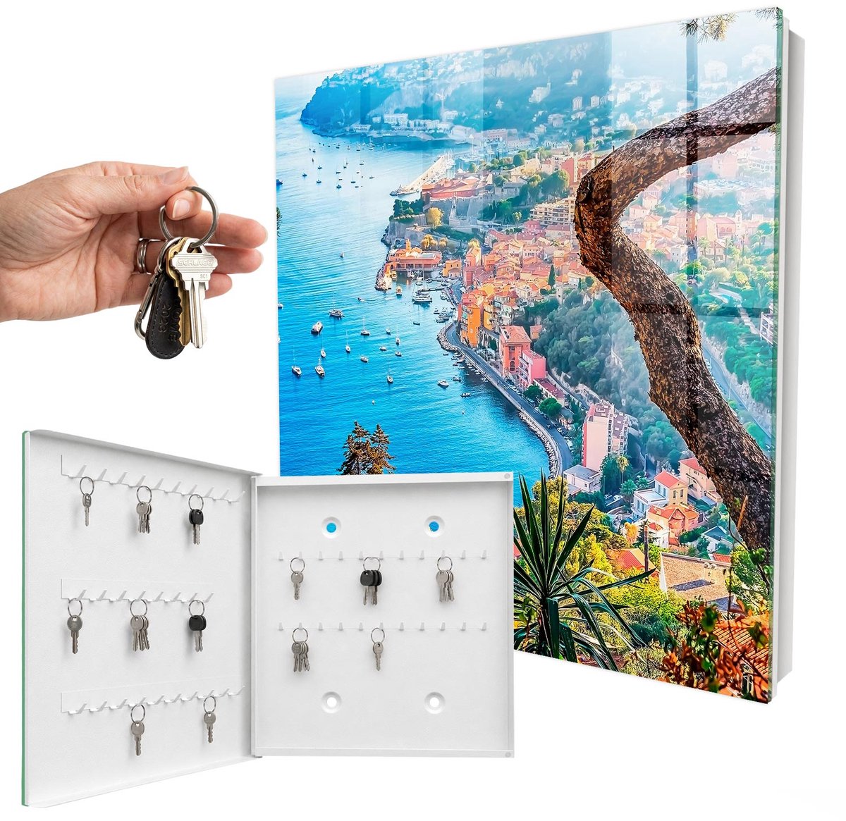 WallMuralia - Sleutelkast - 30x30x5 cm - met 50 haken - Vakantielandschap Sleutelkastje Muur - Blauw Sleutelbox - Linksopenend - Wit interieur