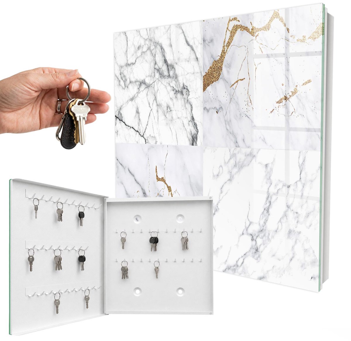 WallMuralia - Sleutelkast - 30x30x5 cm - met 50 haken - Marmerpatroon Sleutelkastje Hal - Wit Sleutelbox - Linksopenend - Wit interieur