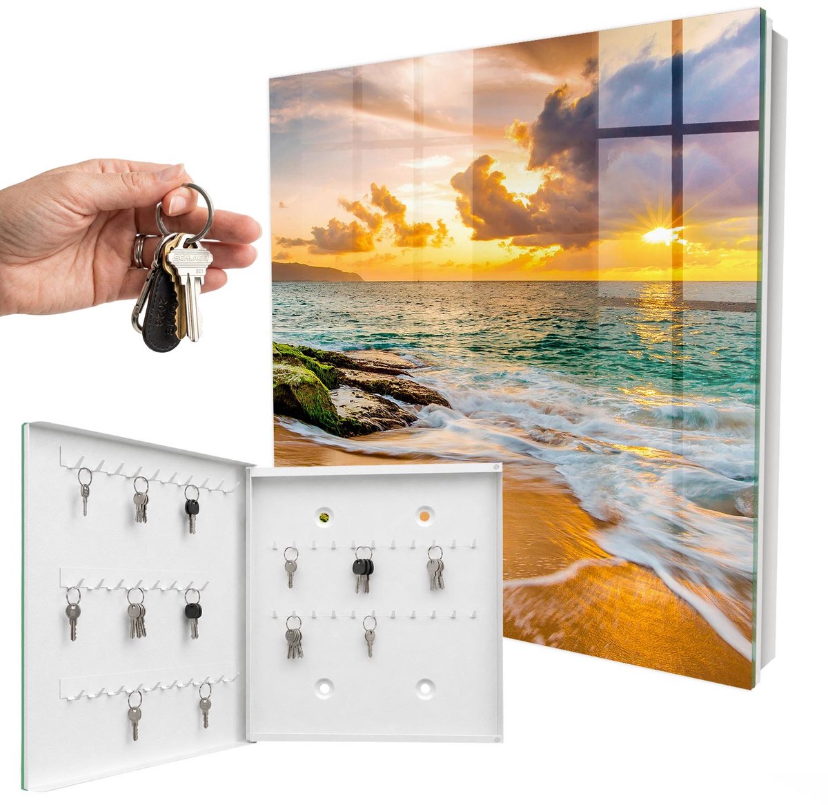 WallMuralia - Sleutelkast - 30x30x5 cm - met 50 haken - Zonsondergang Sleutelkastje Modern - Oranje Sleutelbox - Linksopenend - Wit interieur