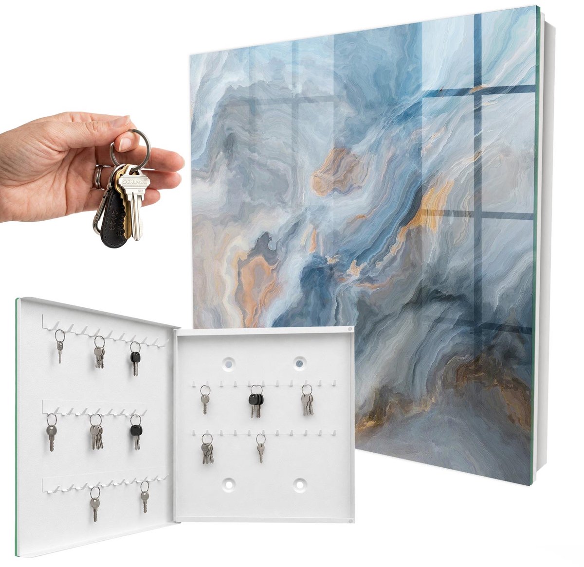 WallMuralia - Sleutelkast - 30x30x5 cm - met 50 haken - Dromerige Abstractie Sleutelkastje Design - Grijs Sleutelbox - Linksopenend - Wit interieur