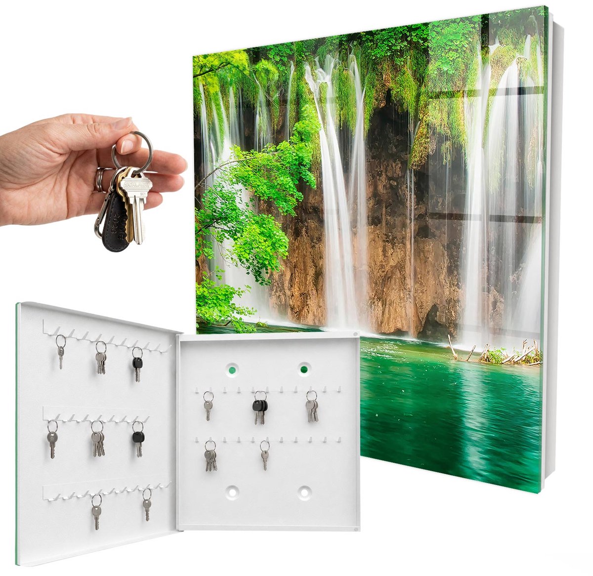 WallMuralia - Sleutelkast - 30x30x5 cm - met 50 haken - Groene Waterval Sleutelkastje Industrieel - Groente Sleutelbox - Linksopenend - Wit interieur