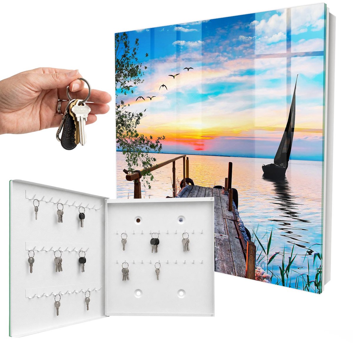 WallMuralia - Sleutelkast - 30x30x5 cm - met 50 haken - Vreedzaam Landschap Leuk Sleutelkastje - Blauw Sleutelbox - Linksopenend - Wit interieur