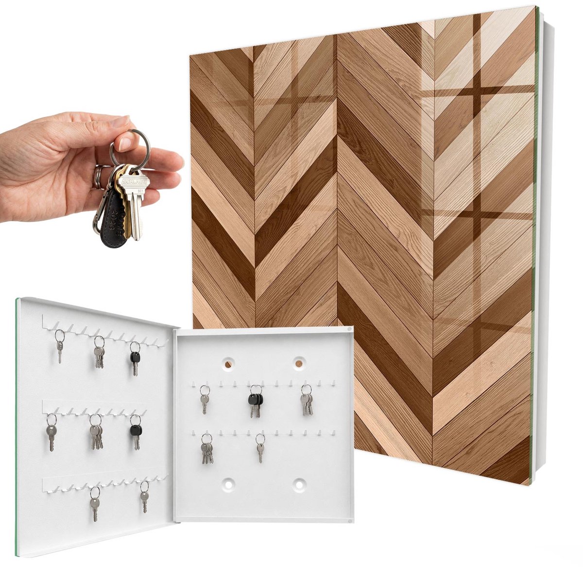 WallMuralia - Sleutelkast - 30x30x5 cm - met 50 haken - Houten Visgraatmotief Sleutelkastje Industrieel - Bruin Sleutelbox - Linksopenend - Wit interieur