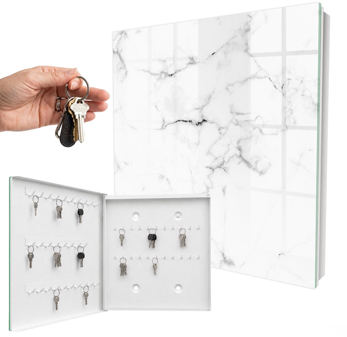 WallMuralia - Sleutelkast - 30x30x5 cm - met 50 haken - Marmerpatroon Sleutelkastje Muur - Wit Sleutelbox - Linksopenend - Wit interieur