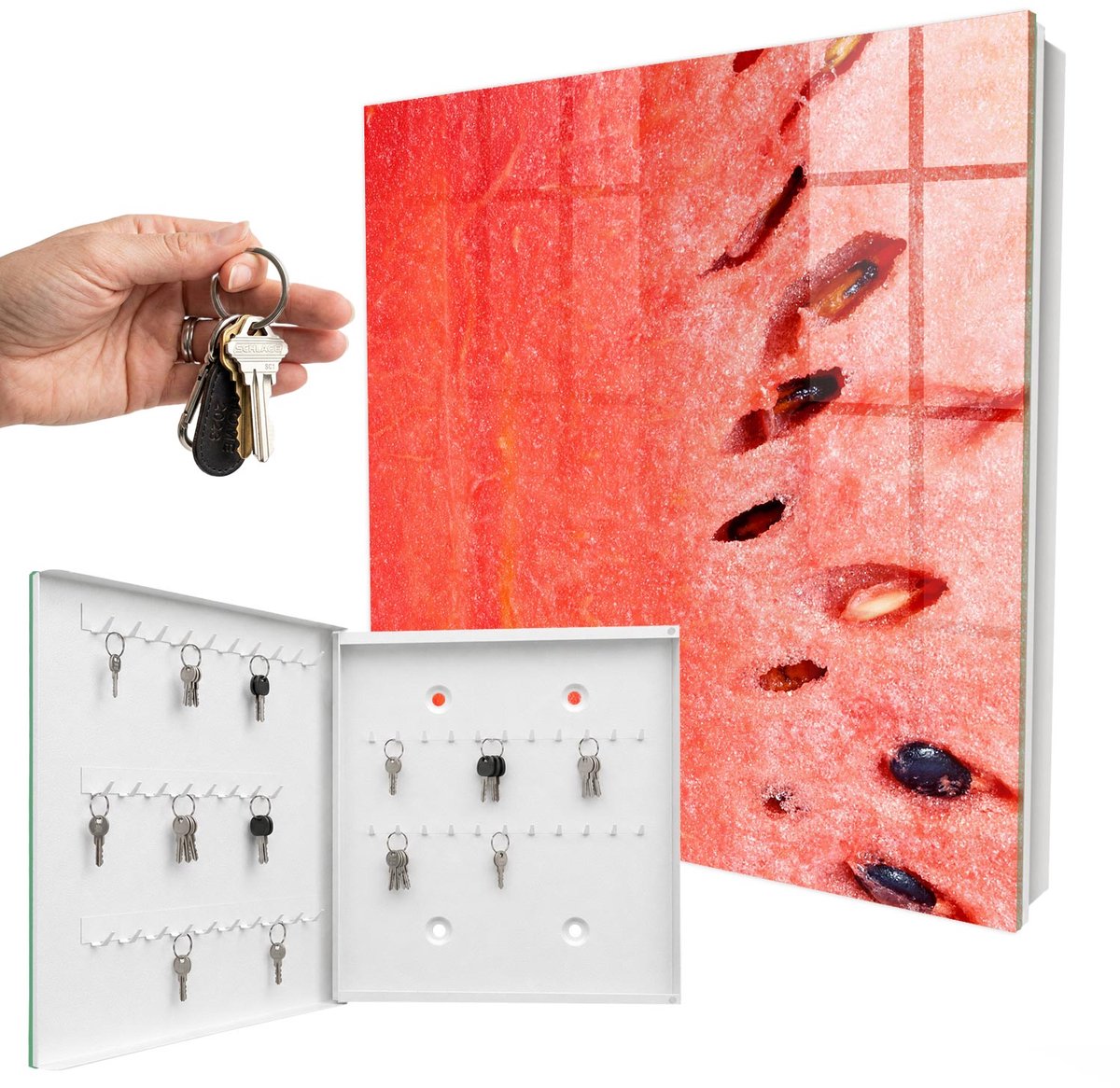WallMuralia - Sleutelkast - 30x30x5 cm - met 50 haken - Sappige Watermeloen Sleutelkastje - Rood Sleutelbox - Linksopenend - Wit interieur