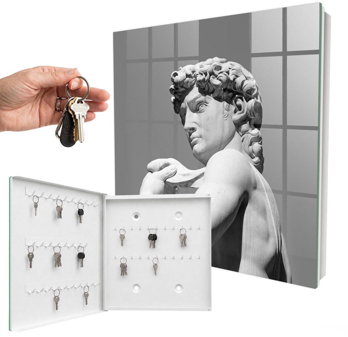 WallMuralia - Sleutelkast - 30x30x5 cm - met 50 haken - Klassieke Elegantie Design Sleutelkastje - Grijs Sleutelbox - Linksopenend - Wit interieur