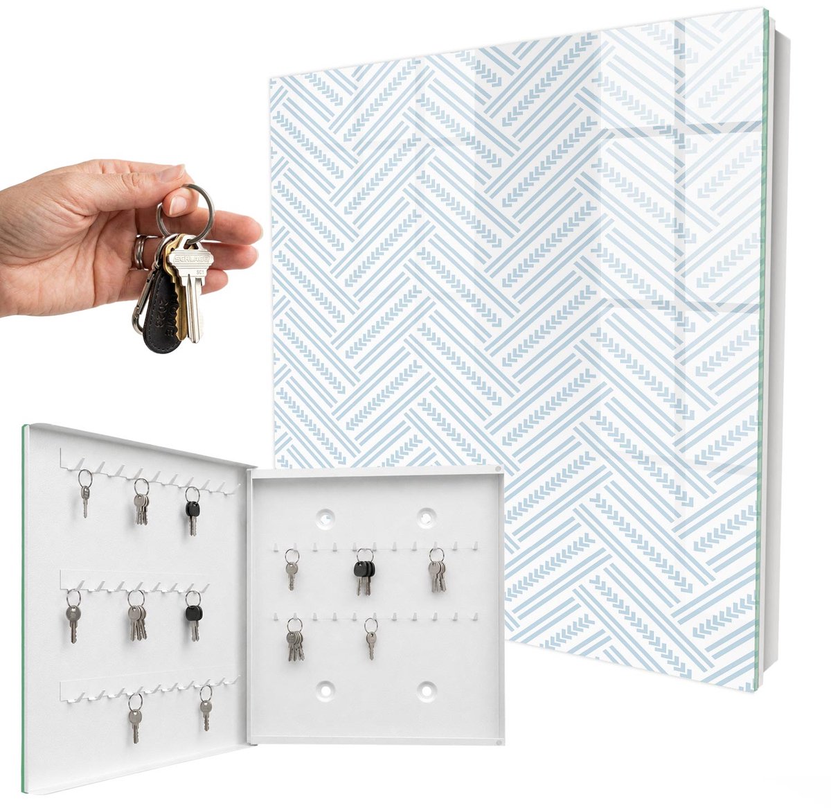 WallMuralia - Sleutelkast - 30x30x5 cm - met 50 haken - Subtiele Visgraat Sleutelkastje Klein - Wit Sleutelbox - Linksopenend - Wit interieur