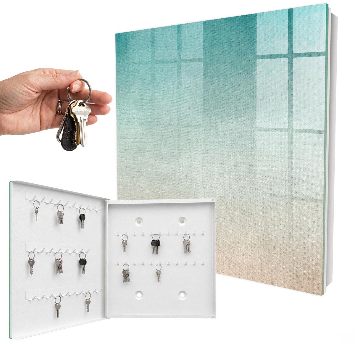 WallMuralia - Sleutelkast - 30x30x5 cm - met 50 haken - Subtiele Kleurovergang Sleutelkastje - Turkoois Sleutelbox - Linksopenend - Wit interieur
