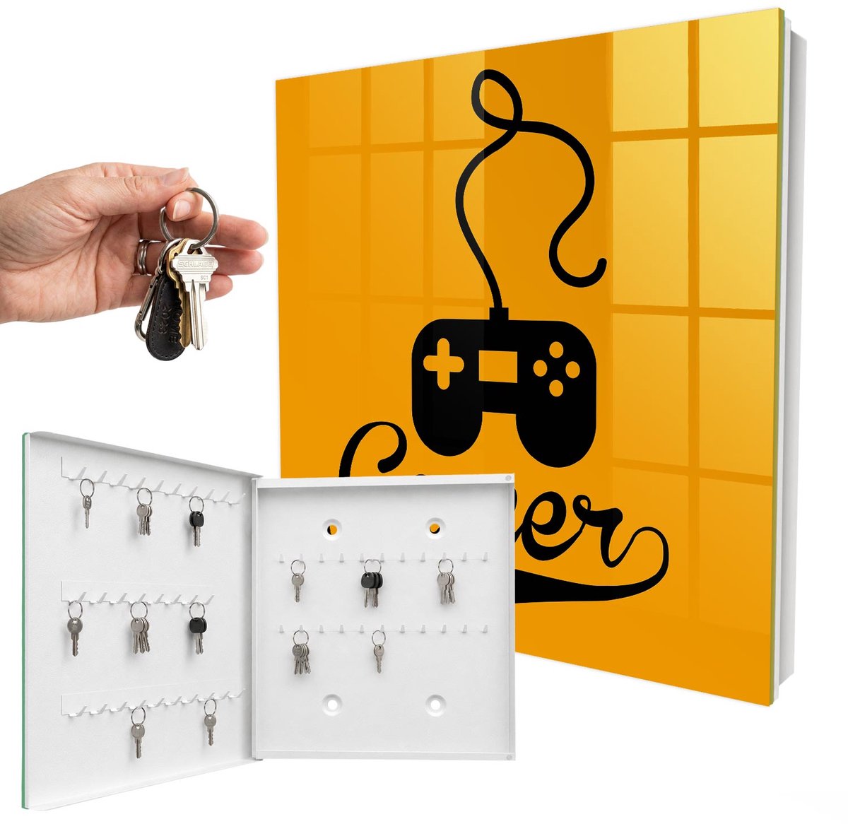 WallMuralia - Sleutelkast - 30x30x5 cm - met 50 haken - Pad En Het Woord Gamer Sleutelkastje Binnen - Oranje Sleutelbox - Linksopenend - Wit interieur