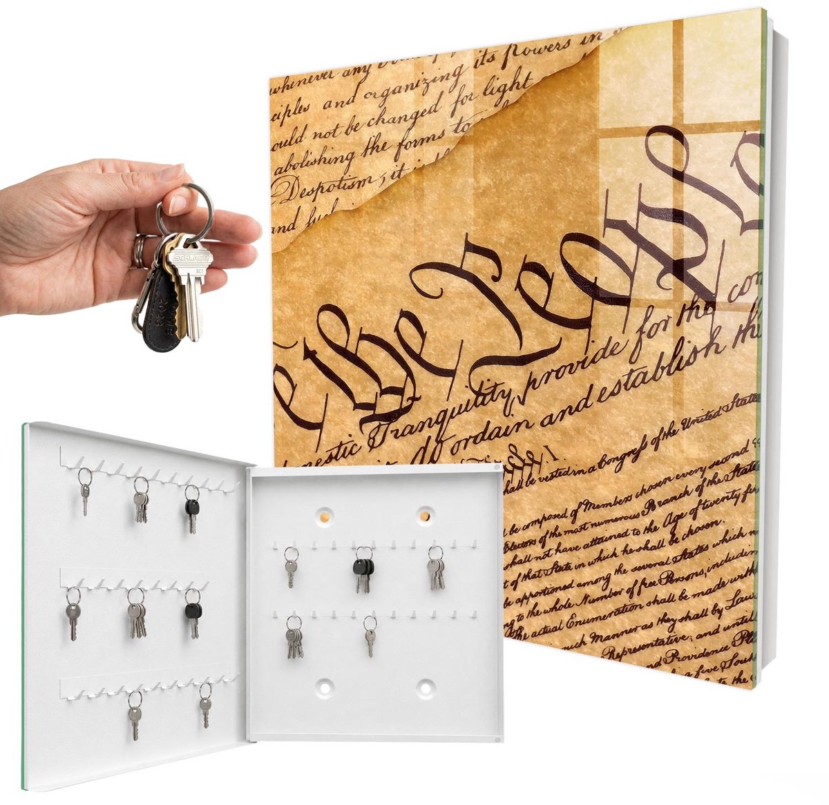 WallMuralia - Sleutelkast - 30x30x5 cm - met 50 haken - Oud Document Sleutelkastje Modern - Beige Sleutelbox - Linksopenend - Wit interieur