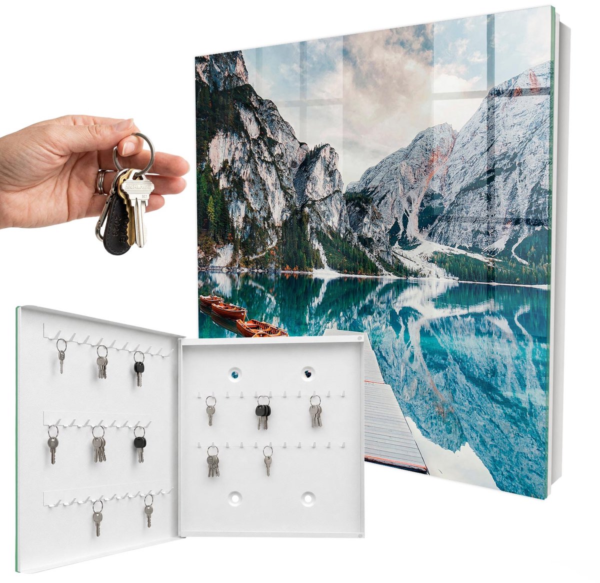 WallMuralia - Sleutelkast - 30x30x5 cm - met 50 haken - Berglandschap Sleutelkastje Modern - Blauw Sleutelbox - Linksopenend - Wit interieur