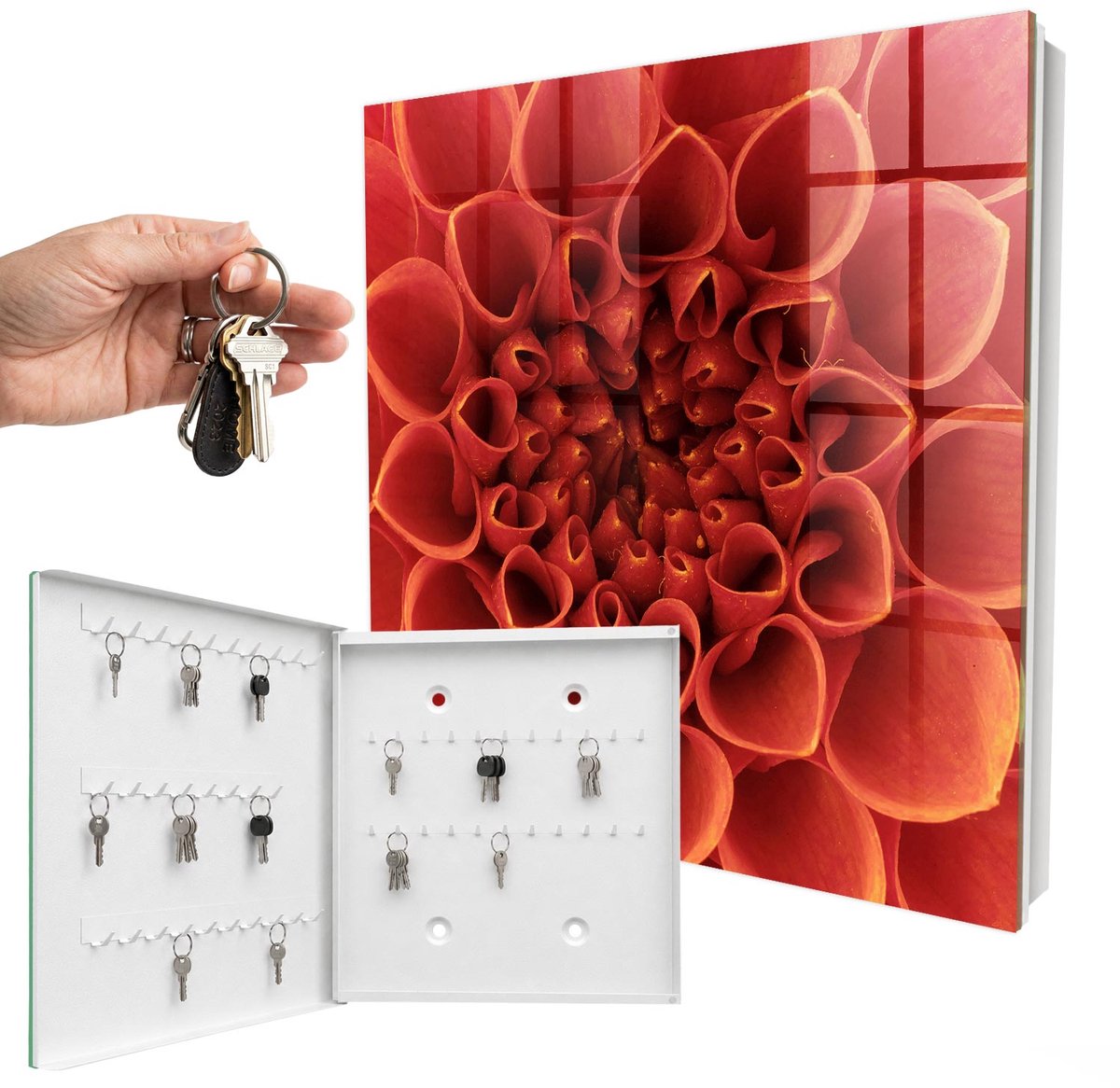 WallMuralia - Sleutelkast - 30x30x5 cm - met 50 haken - Bloemenpatroon Design Sleutelkastje - Rood Sleutelbox - Linksopenend - Wit interieur