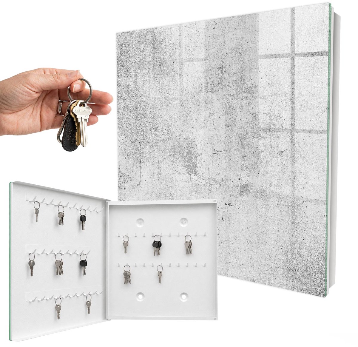 WallMuralia - Sleutelkast - 30x30x5 cm - met 50 haken - Rauwe Elegantie Sleutelkastje Klein - Grijs Sleutelbox - Linksopenend - Wit interieur