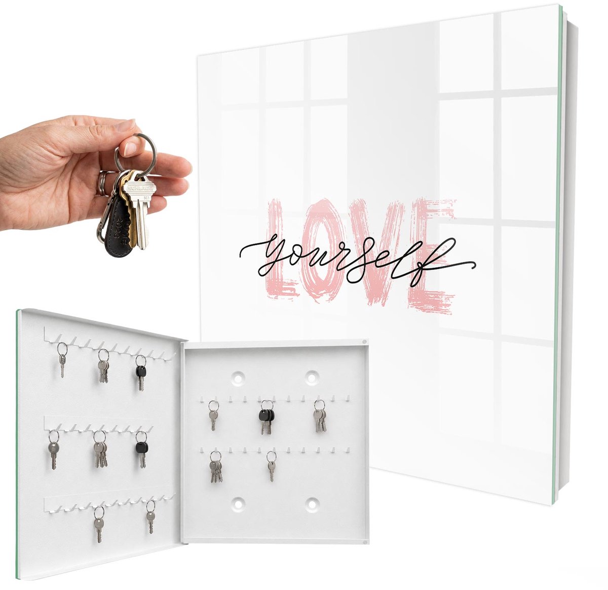 WallMuralia - Sleutelkast - 30x30x5 cm - met 50 haken - Houd Van Jezelf Sleutelkastje Gang - Wit Sleutelbox - Linksopenend - Wit interieur