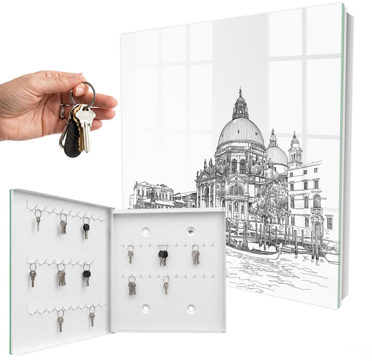 WallMuralia - Sleutelkast - 30x30x5 cm - met 50 haken - Venetiaanse Lijnen Sleutelkastje Modern - Wit Sleutelbox - Linksopenend - Wit interieur