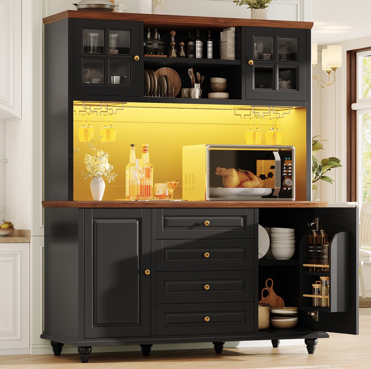 MIVRAY Keukenkast Highboard Met Rgb Led Verlichting En Verstelbare Planken Metalen Wijnglashouder Mdf Zwart 140 X 40 X 179 5 Cm