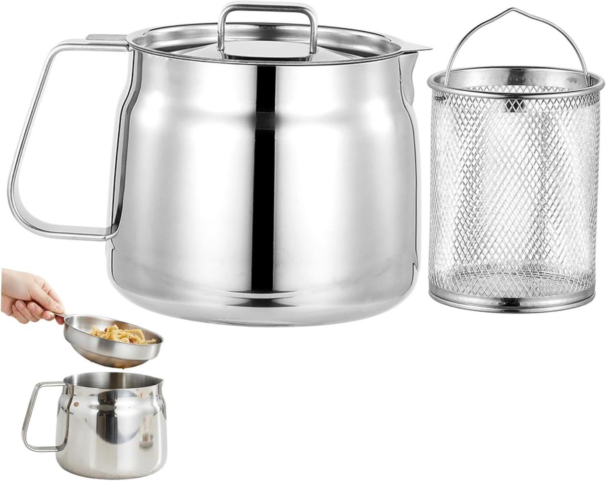 Friteuse met Mand - Schenkpan met Zeef - Frituren van Snacks - Roestvrij Staal - 2 Liter - Zilver