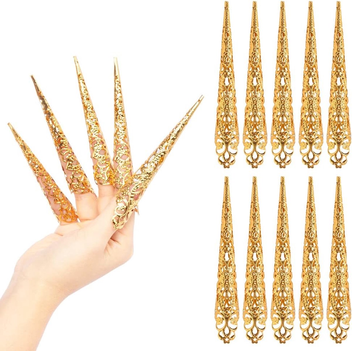 10 Pack Vingernagel Tip Claw Ringen, Oude Koningin Kostuum Vingertop Claw Nail Ringen Decoratie Accessoire voor Cosplay Drama Dansshow (yellow)