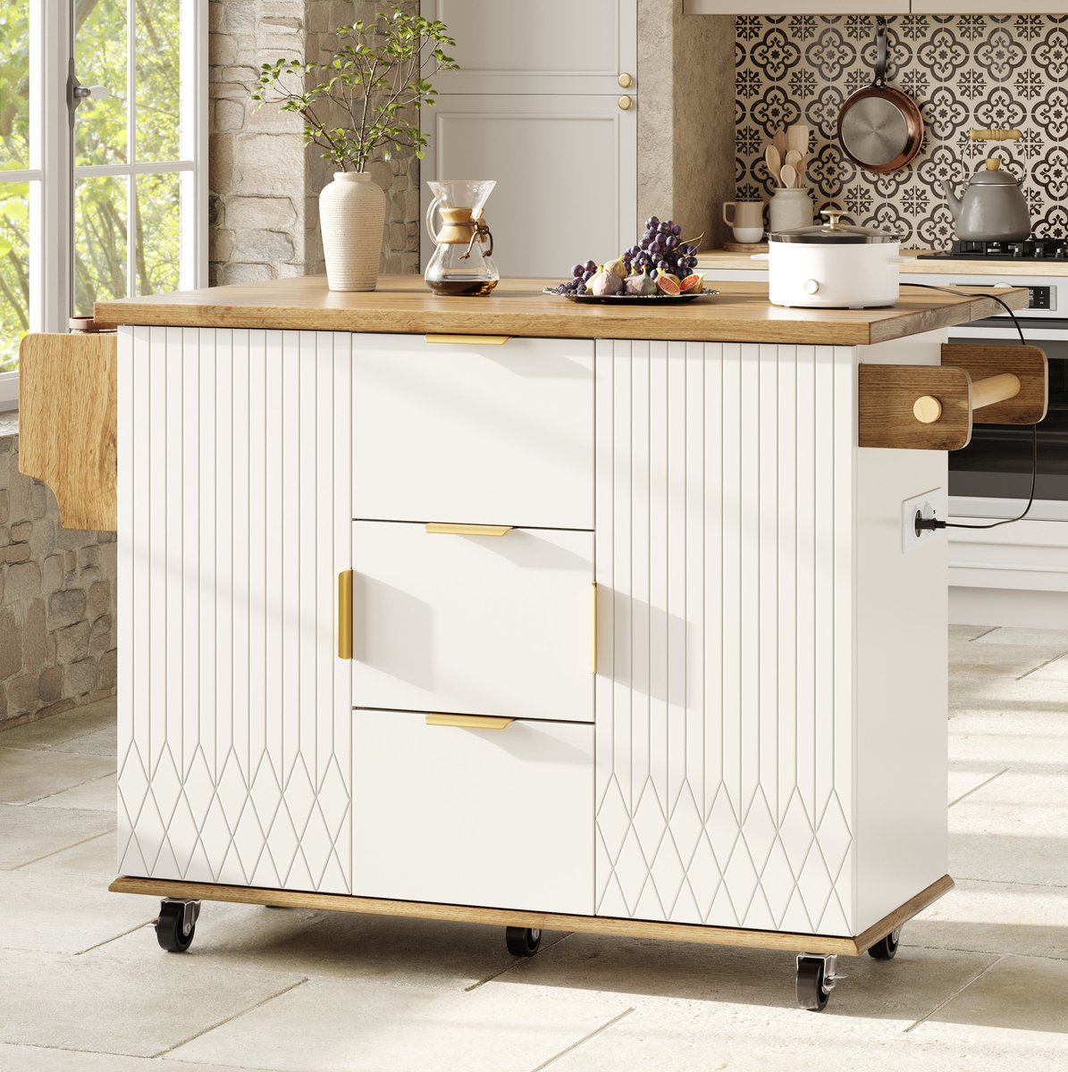 Keukenmeubelset Met Barhockers - 134 Cm - MDF En Metaal - Wit - Met Opbergruimte En Stroomaansluiting