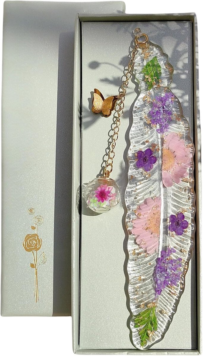 Bladwijzers met veer en geperste bloemen, leesaccessoires voor