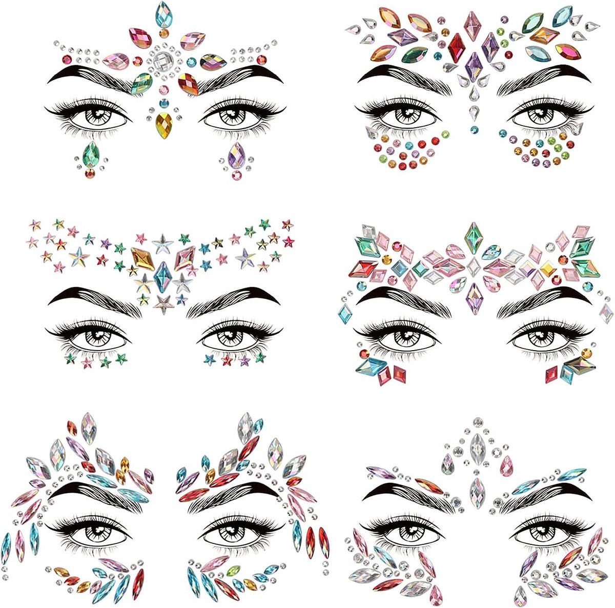 6 stuks zelfklevende gezichtsstenen, glittersteentjes, strassteentjes om op te plakken, voor Halloween, kerstfeest, festival accessoires (kleurrijk)
