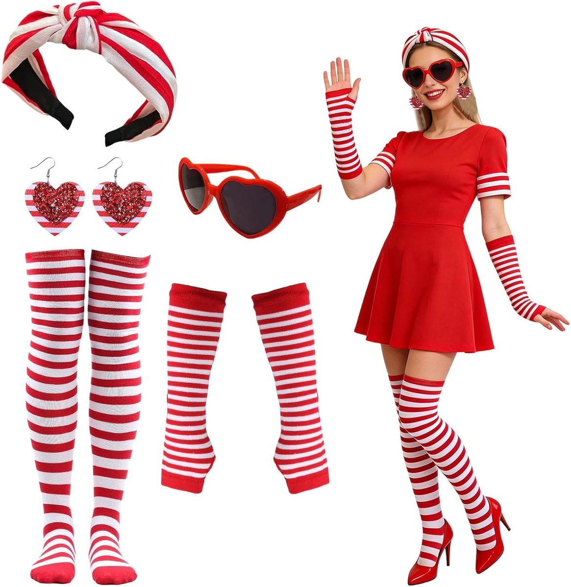 Carnaval Kostuum voor Vrouwen met Hoofdband, Handschoenen, Kousen en Hartvormige Bril in Rood en Wit
