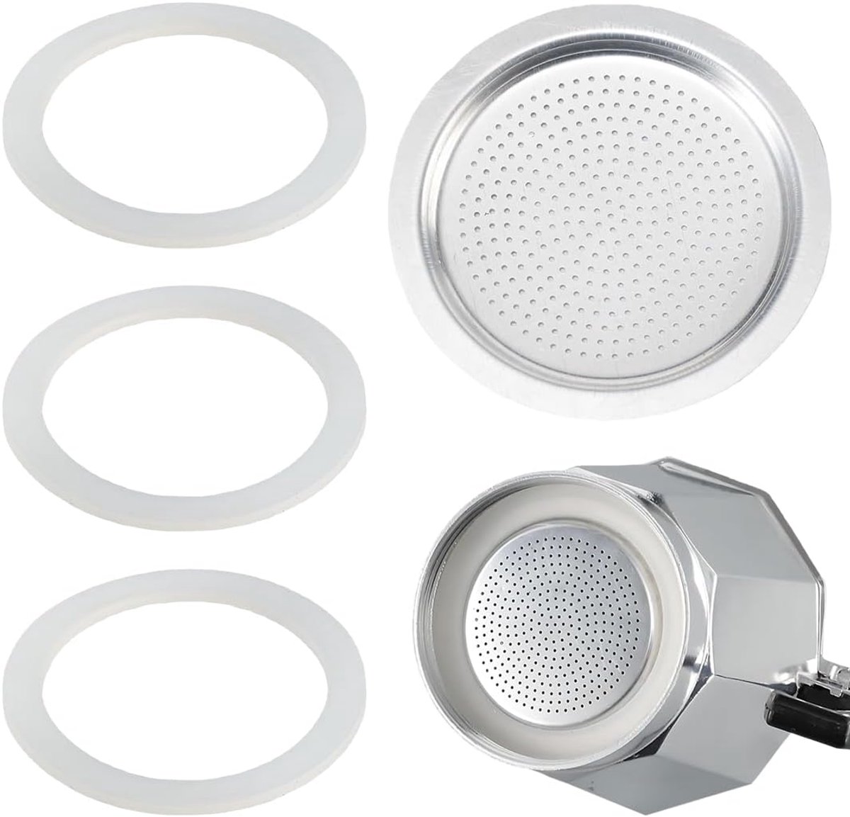 4 reserveafdichtingen voor espressomachines, inclusief 3 afdichtingen en 1 reservefilter, geschikt voor espressomachines van roestvrij staal, 2 kopjes