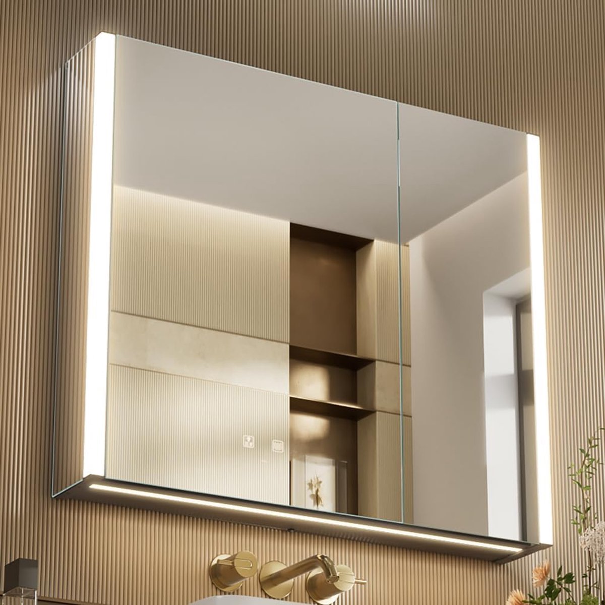 Led-verlichte badkamer medicijnkast met spiegel, ontdooier, dimmer, 3 kleuren lichte make-upspiegel, eenvoudig te installeren, wandgemonteerde kast zonder stopcontact en USB's (80 x 70 cm)