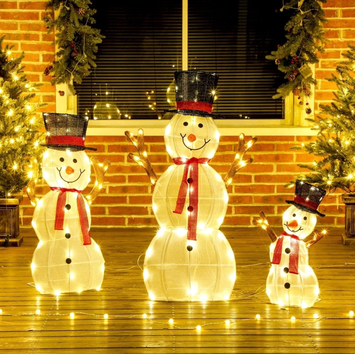 COVREO verlichte sneeuwpop familie, 64 x 30 x 91,5 cm, staal, met grondpennen