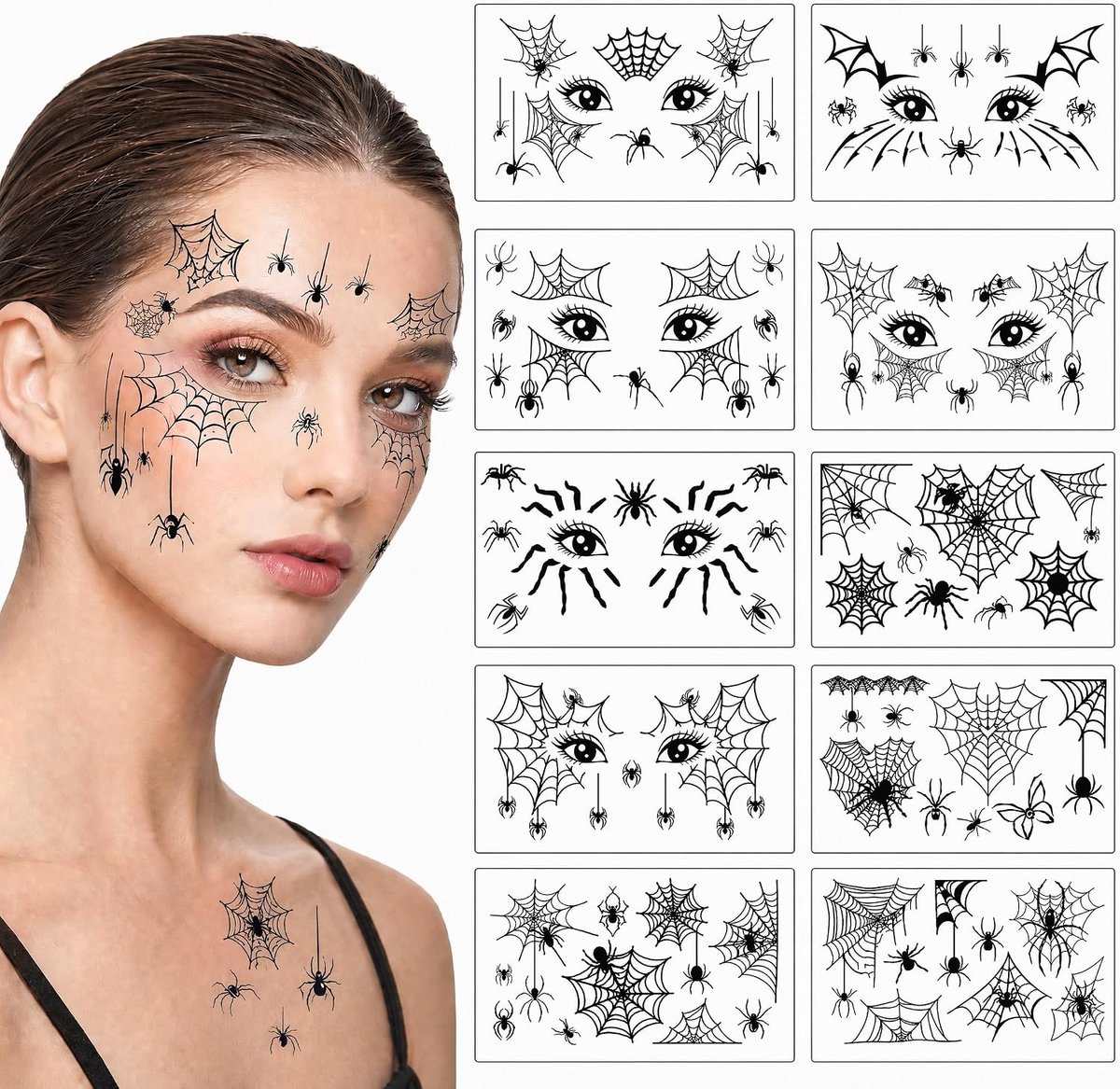 Spinnen Gezicht Tattoo, 10 Velletjes Oogschaduw Tijdelijke Halloween Gezicht Tattoos, Spinnenweb Oog Gezicht Tattoo Stickers voor Carnavalskostuum, Zombie Make-up Accessoires
