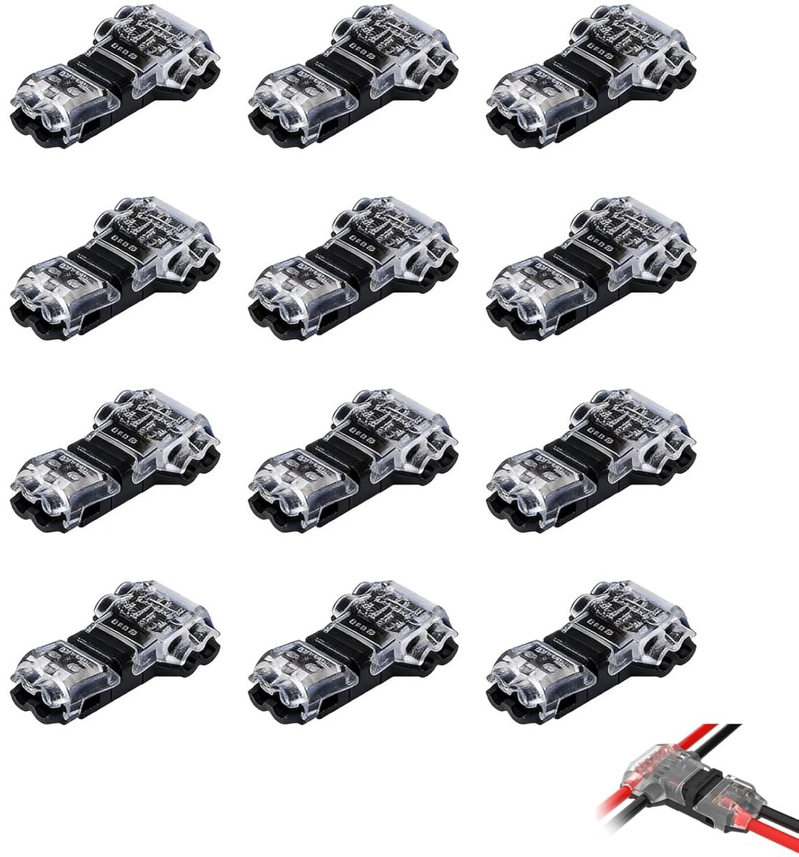 12 stuks T-connectoren, snelspanning, 2-polig, elektrische klemmen, zonder solderen, waterdicht, laagspanning 12 V-24 V, voor kabels van 20-22 AWG, led, auto, audio en doe-het-zelfprojecten