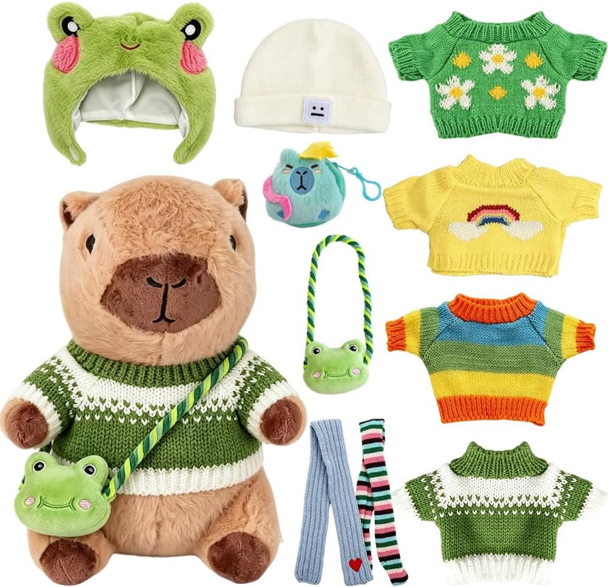 11 stuks Capybara knuffeldier, 25 cm Capybara pluche dier, Capybara Plushie poppen met kledingtas, hoed, schattige Capybara Plushie, Simu