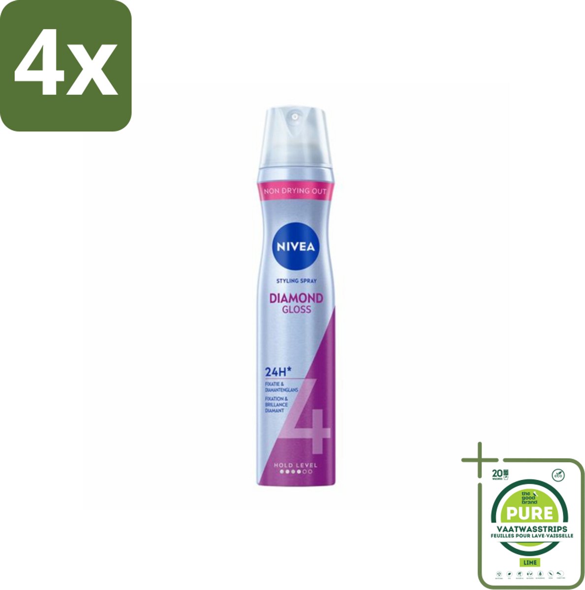 NIVEA - Stylingspray - Diamantglans Verzorging - Sterkte 4 - 250 ml - Voordeelverpakking - 4 stuks - Haarspray - Glans