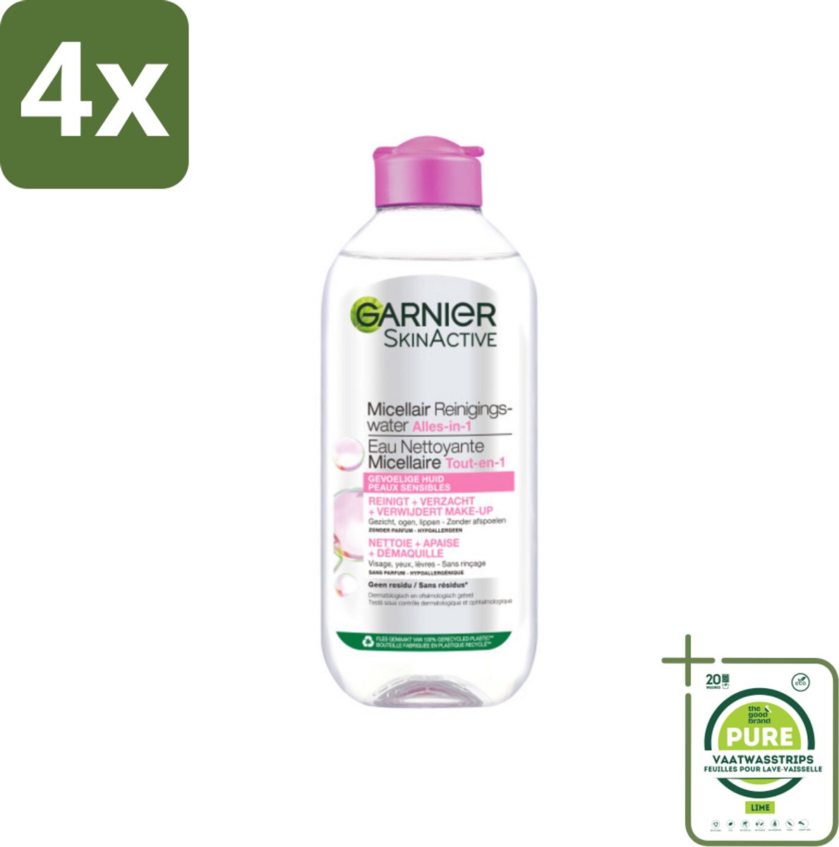 Garnier - SkinActive - Micellair Reinigingswater - Gevoelige Huid - Milde Reiniging & Make-Up Remover - 400 ml - Voordeelverpakking - 4 stuks - Micellair water - Reinigingswater