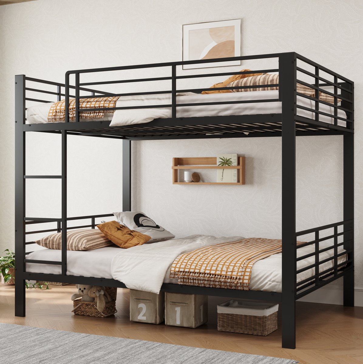 MIVRAY Stapelbed 140x200 cm Zonder Matras - Met Geluidsdemping en Veiligheidsreling - Maximaal 400 kg - Voor Appartement en Logeerkamer - Metaal - Zwart