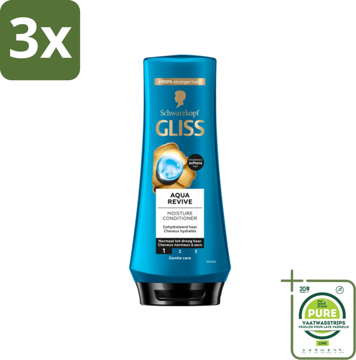 3 x Gliss - Hair Repair - Conditioner Aqua Revive voor Hydraterend en Fris Haar - 200 ml - Grootverpakking - Haar Conditioner - Hydraterende Conditioner - Conditioner Droog Haar - Conditioner Beschadigd Haar - Gliss Aqua Revive