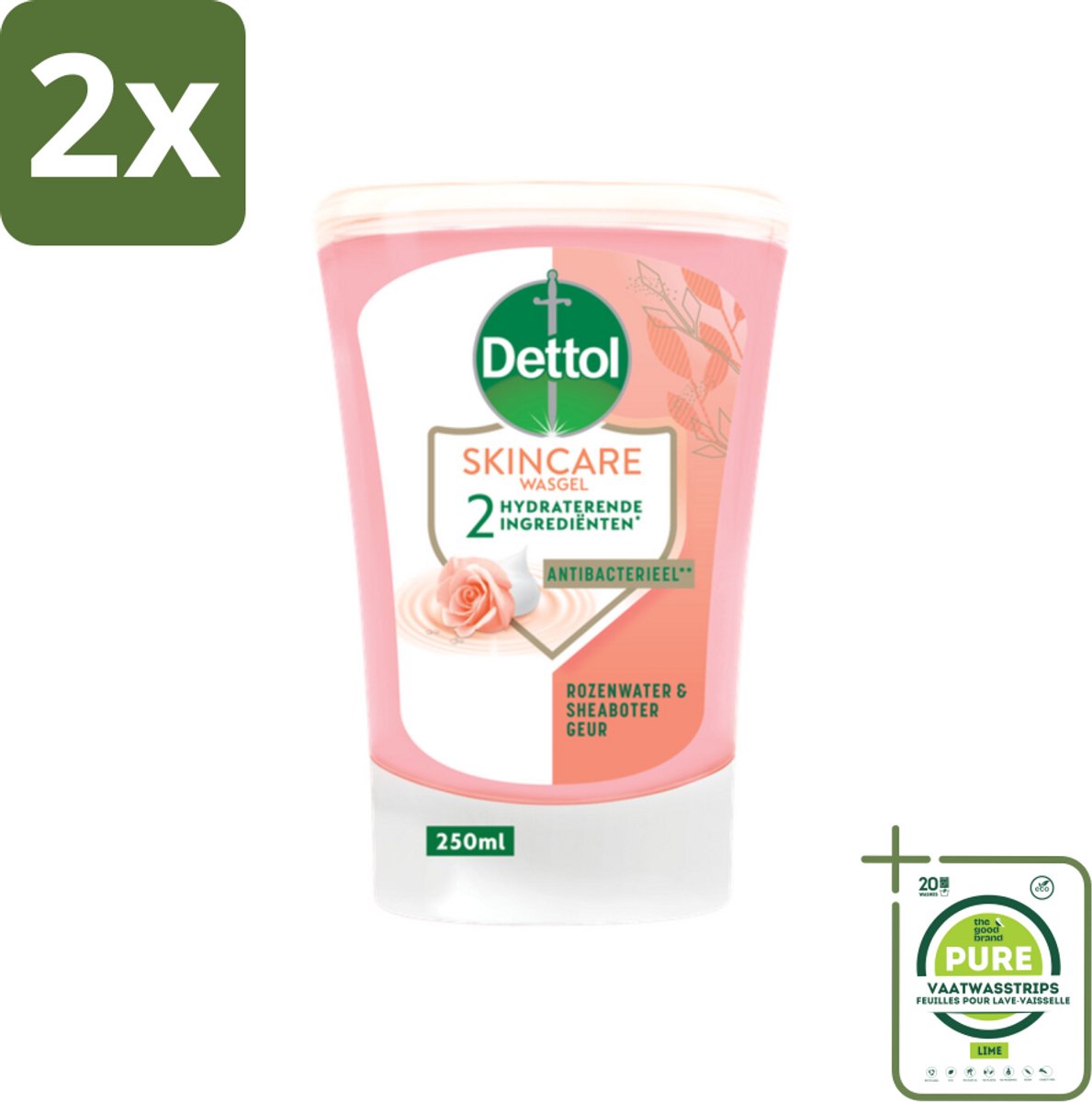 Dettol - Wasgel Navulling - Skincare - Rozenwater & Sheaboter - 250 ml - Voordeelverpakking - 2 stuks - Antibacteriële handzeep - Rozenwater
