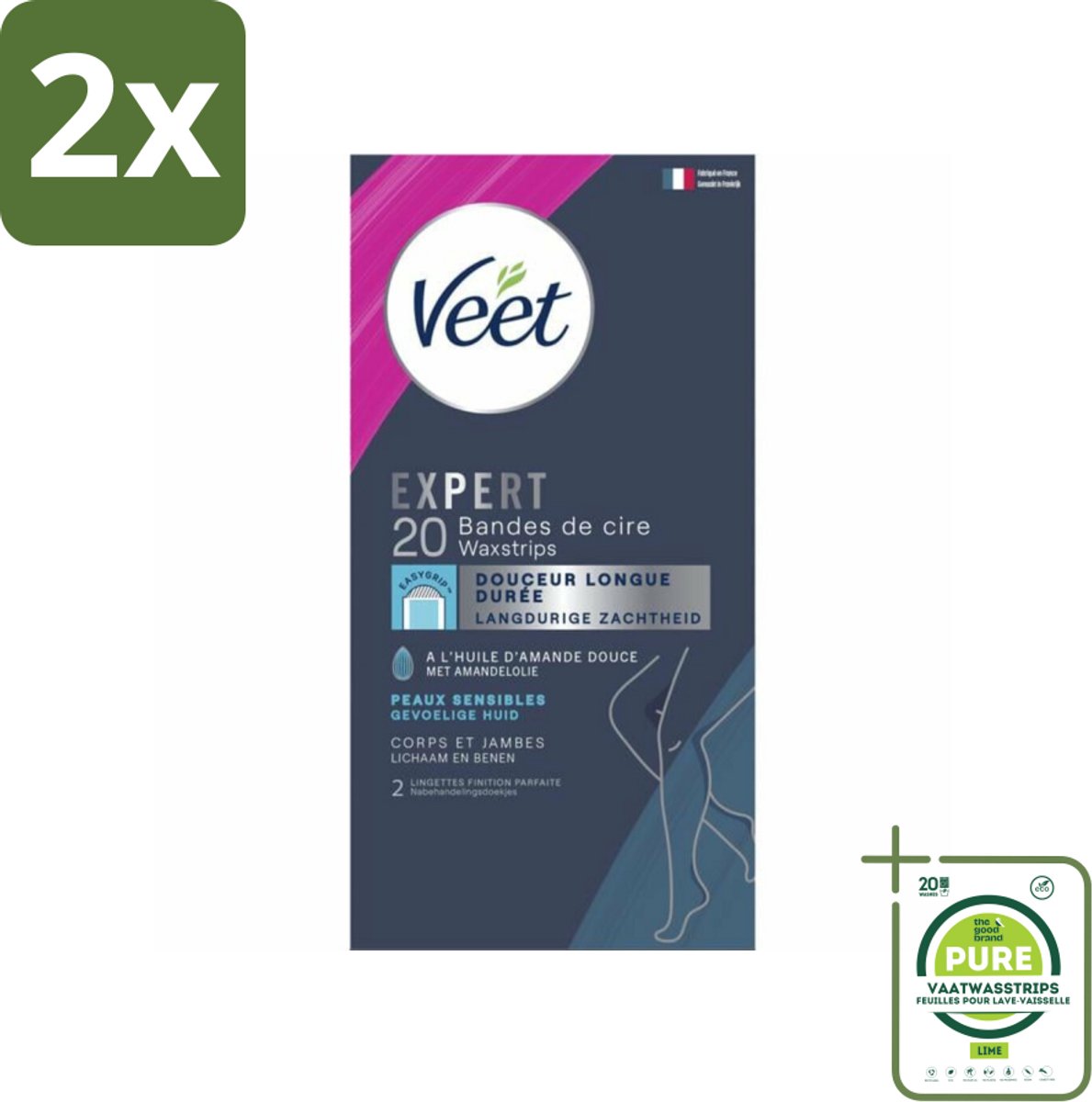 Veet Expert - Ontharingsstrips - Lichaam & Benen - Gevoelige Huid - 20 strips - Voordeelverpakking - 2 stuks - Ontharingsstrips - Ontharing benen