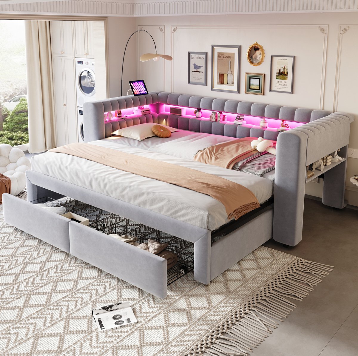 MIVRAY Slaapbank 90x190 cm - Uitschuifbaar Bed Met LED Verlichting en USB C Aansluiting - Met Opbergruimte Zonder Matras - Stof - Lichtgrijs