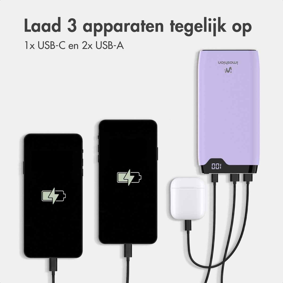 imoshion® Powerbank 20000 mAh - 22.5W Snellader - USB C / USB A - LED Display - Powerbanks - Universeel - Noodpakket - Lila — cadeau in Telefoon & Tablet - foto 8